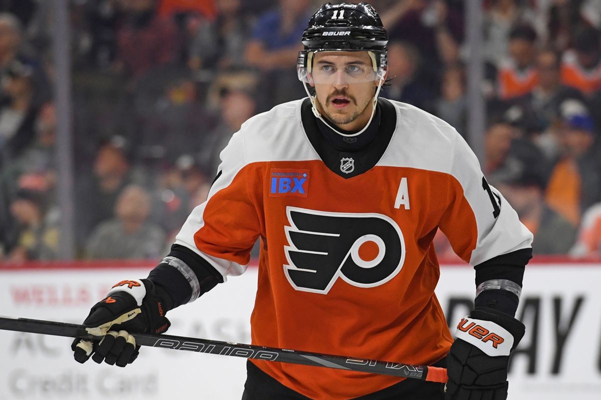 Nov 11, 2024; Philadelphia, Pennsylvania, USA; Philadelphia Flyers right wing Travis Konecny (11) against the San Jose Sharks at Wells Fargo Center. Mandatory Credit: Eric Hartline-Imagn Images