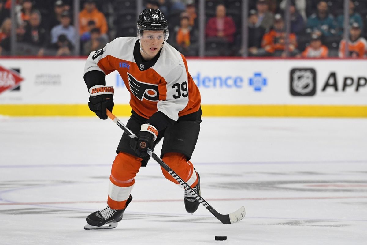 Nov 11, 2024; Philadelphia, Pennsylvania, USA; Philadelphia Flyers right wing Matvei Michkov (39) against the San Jose Sharks at Wells Fargo Center. Mandatory Credit: Eric Hartline-Imagn Images
