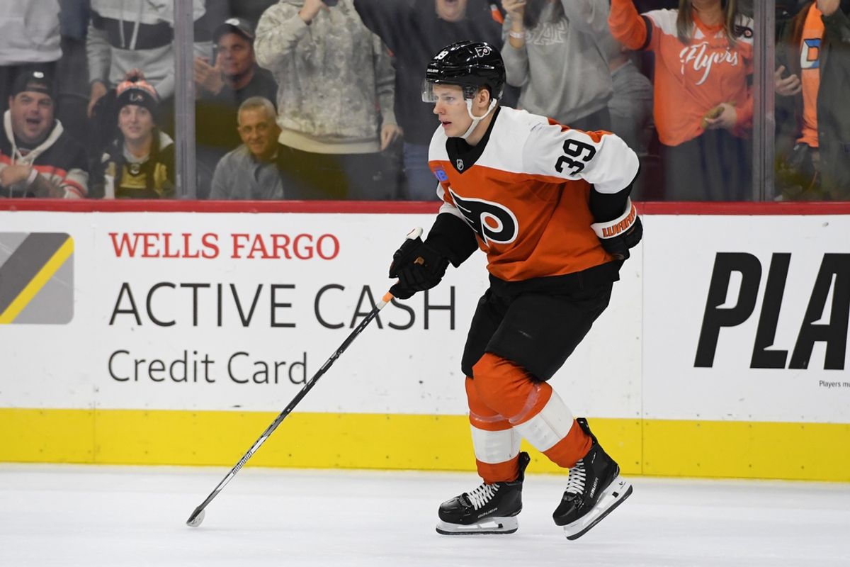 Nov 11, 2024; Philadelphia, Pennsylvania, USA; Philadelphia Flyers right wing Matvei Michkov (39) against the San Jose Sharks at Wells Fargo Center. Mandatory Credit: Eric Hartline-Imagn Images