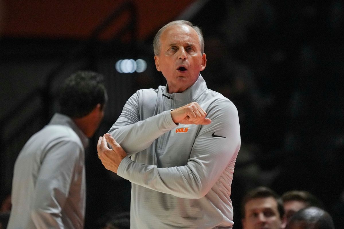 Tennessee head basketball coach Rick Barnes gestures to his elbow during an NCAA basketball game between the Tennessee Volunteers and Montana Grizzlies at Thompson-Boling Arena at Food City Center on Wednesday, Nov. 13, 2024.