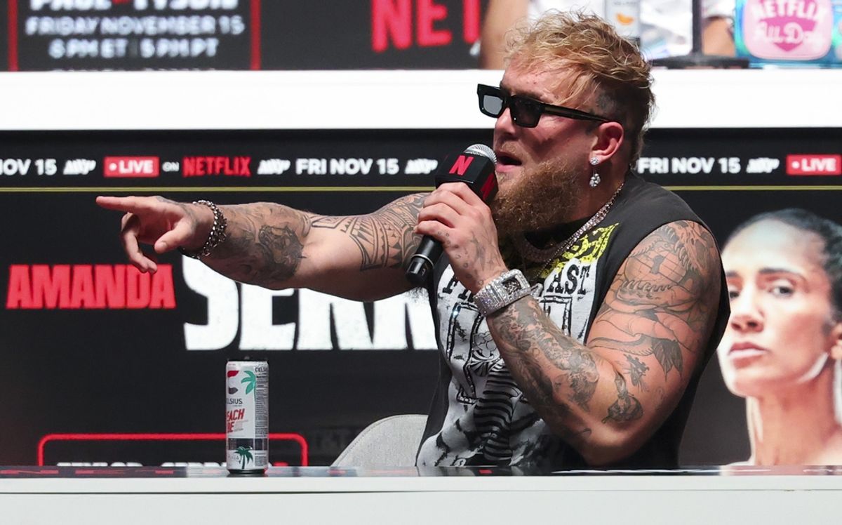 Nov 13, 2024; Irving, TX, USA;  Jake Paul speaks to the media about his upcoming fight with Mike Tyson at The Pavilion at Toyota Music Factory. Mandatory Credit: Kevin Jairaj-Imagn Images