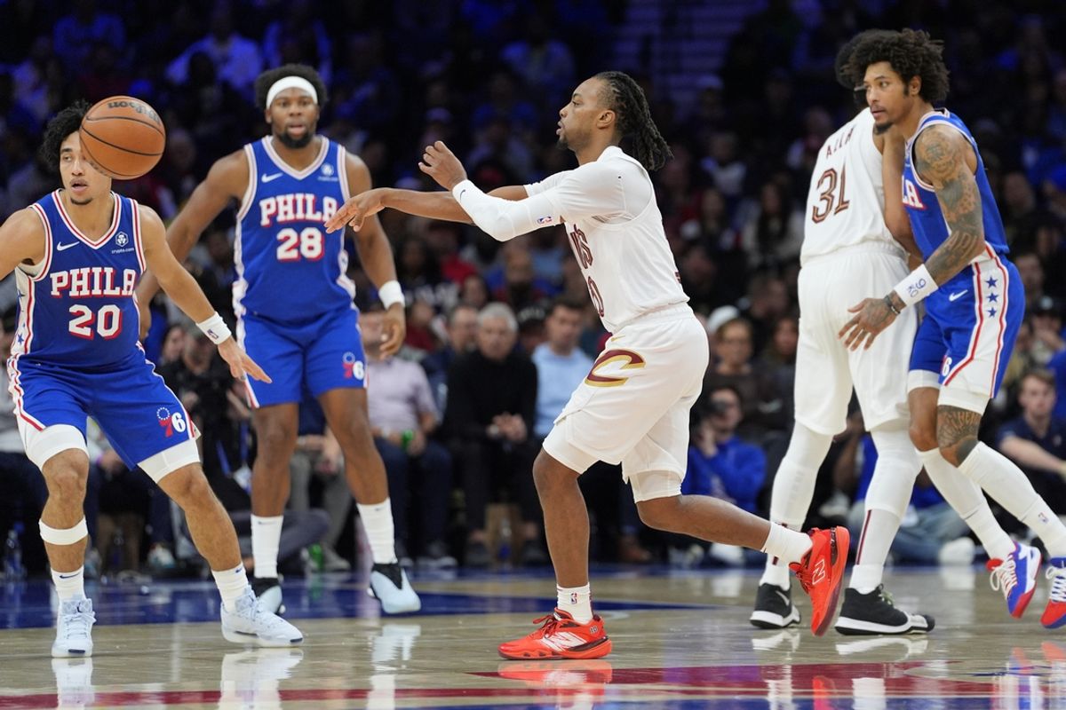 Nov 13, 2024; Philadelphia, Pennsylvania, USA; Cleveland Cavaliers guard Darius Garland (10) passes the ball against the Philadelphia 76ers in the second quarter at Wells Fargo Center. Mandatory Credit: Kyle Ross-Imagn Images