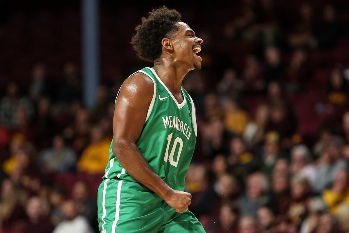 Nov 13, 2024; Minneapolis, Minnesota, USA; North Texas Mean Green guard Atin Wright (10) celebrates during the first half against the Minnesota Golden Gophers at Williams Arena. Mandatory Credit: Matt Krohn-Imagn Images