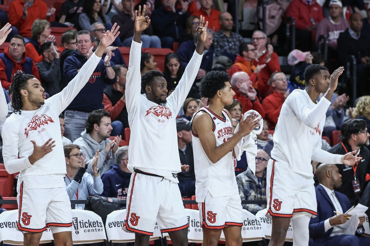 Nov 13, 2024; Queens, New York, USA;  The St. John's Red Storm bench celebrates in the second half against the Wagner Seahawks at Carnesecca Arena. Mandatory Credit: Wendell Cruz-Imagn Images