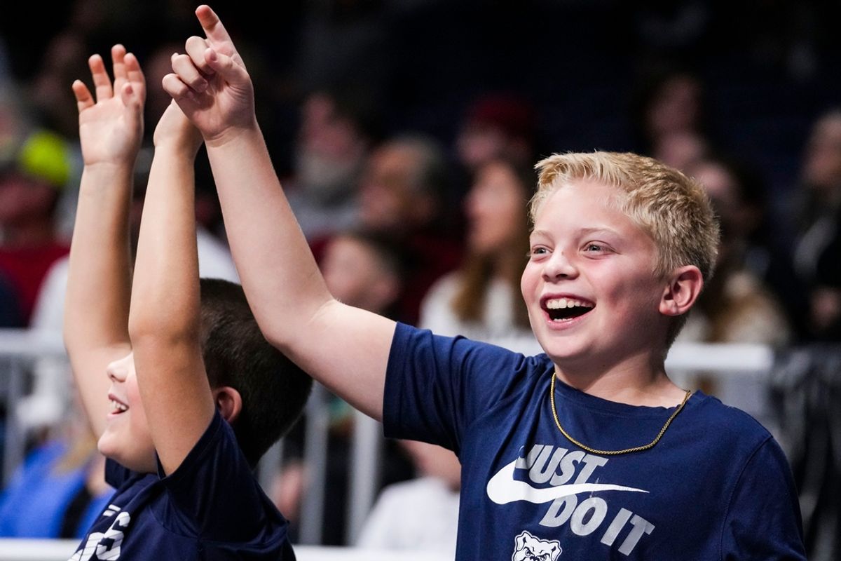 Butler Bulldogs fans cheer Wednesday, Nov. 13, 2024, during a women’s basketball game between the Butler Bulldogs and the Indiana Hoosiers at Hinkle Fieldhouse in Indianapolis. The Bulldogs defeated the Hoosiers, 56-46.