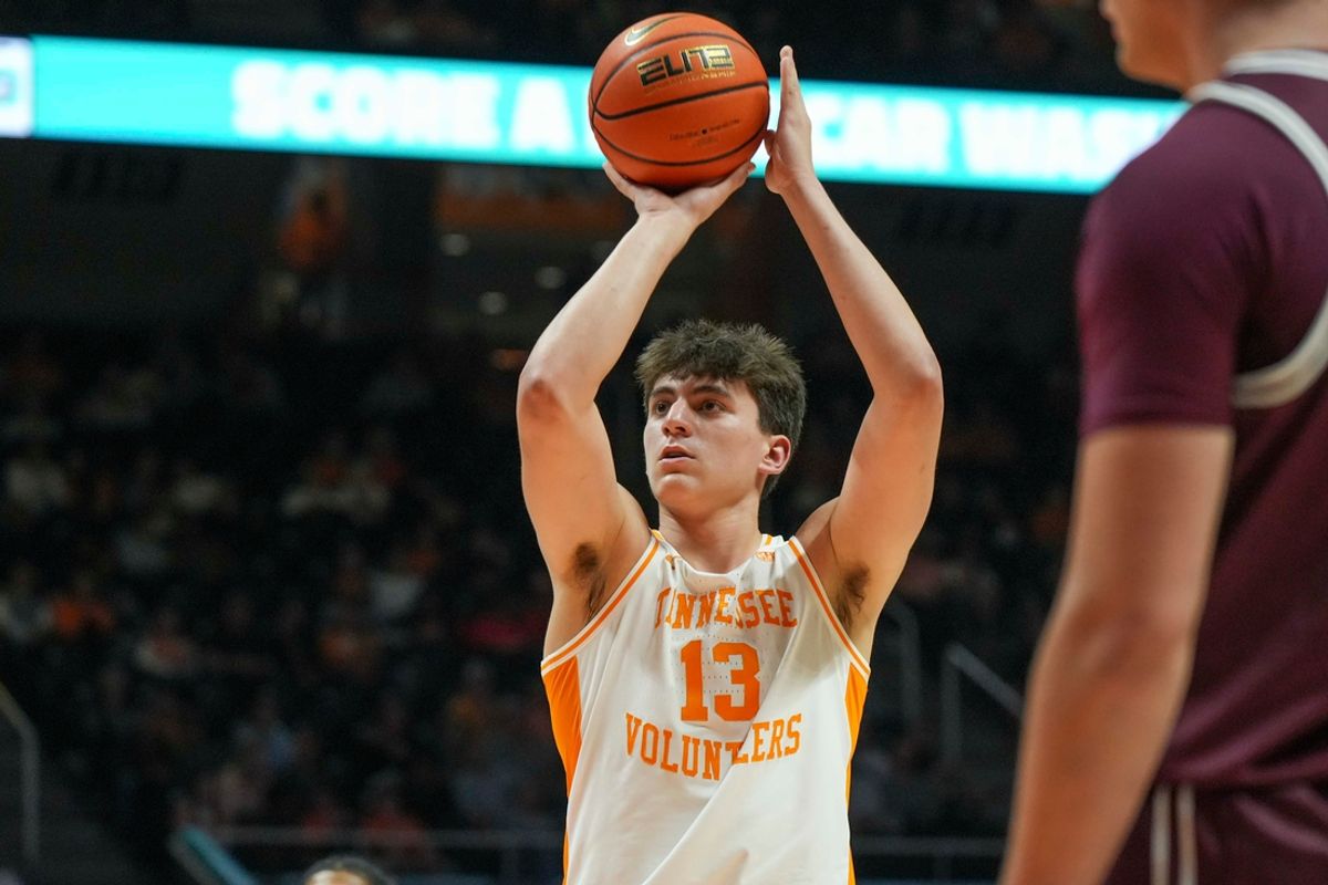 Tennessee forward J.P. Estrella (13) shoots a free throw during an NCAA basketball game between the Tennessee Volunteers and Montana Grizzlies at Thompson-Boling Arena at Food City Center on Wednesday, Nov. 13, 2024.