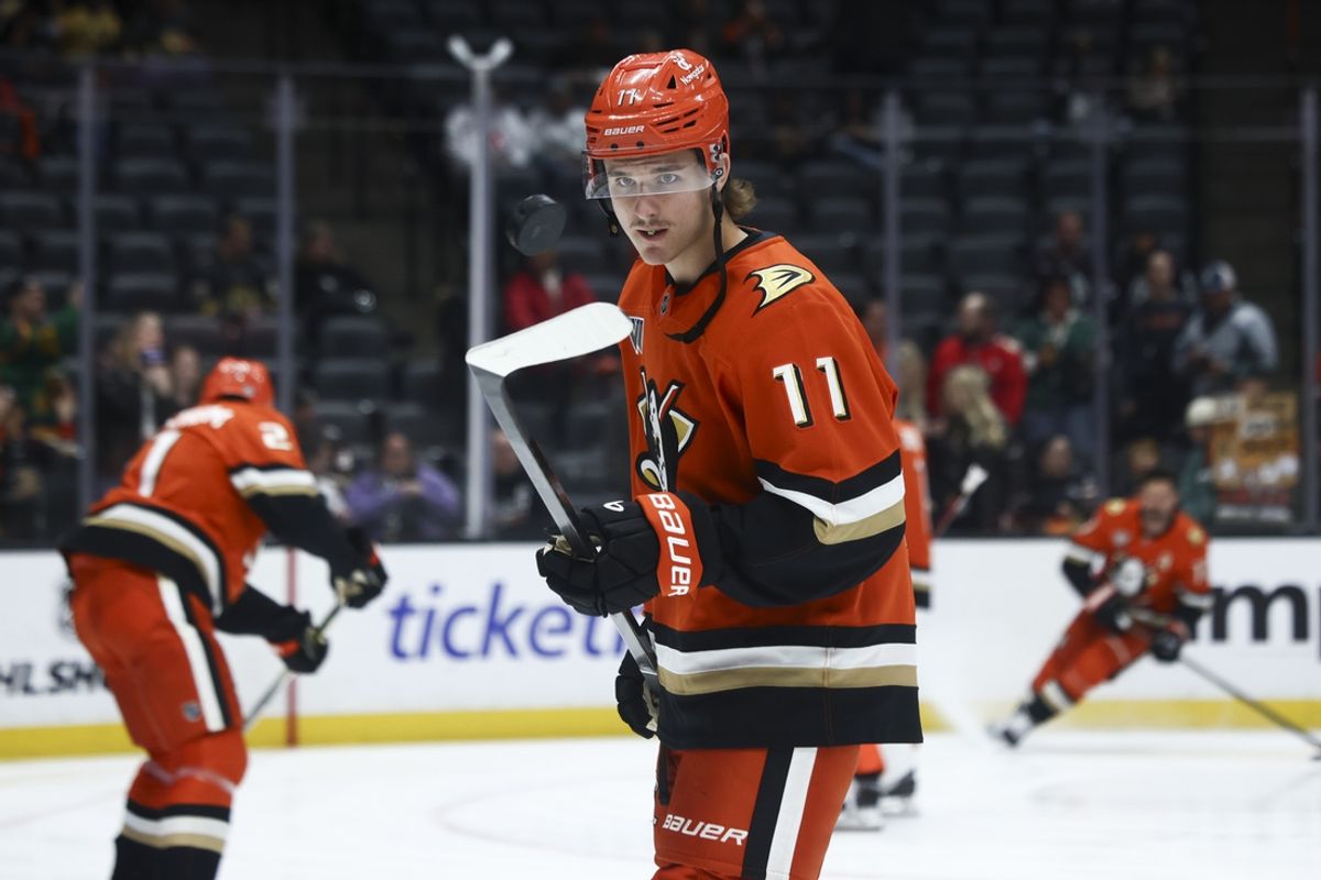 Nov 13, 2024; Anaheim, California, USA; Anaheim Ducks center Trevor Zegras (11) skates during warmups before a hockey game against the Vegas Golden Knights at Honda Center. Mandatory Credit: Jessica Alcheh-Imagn Images