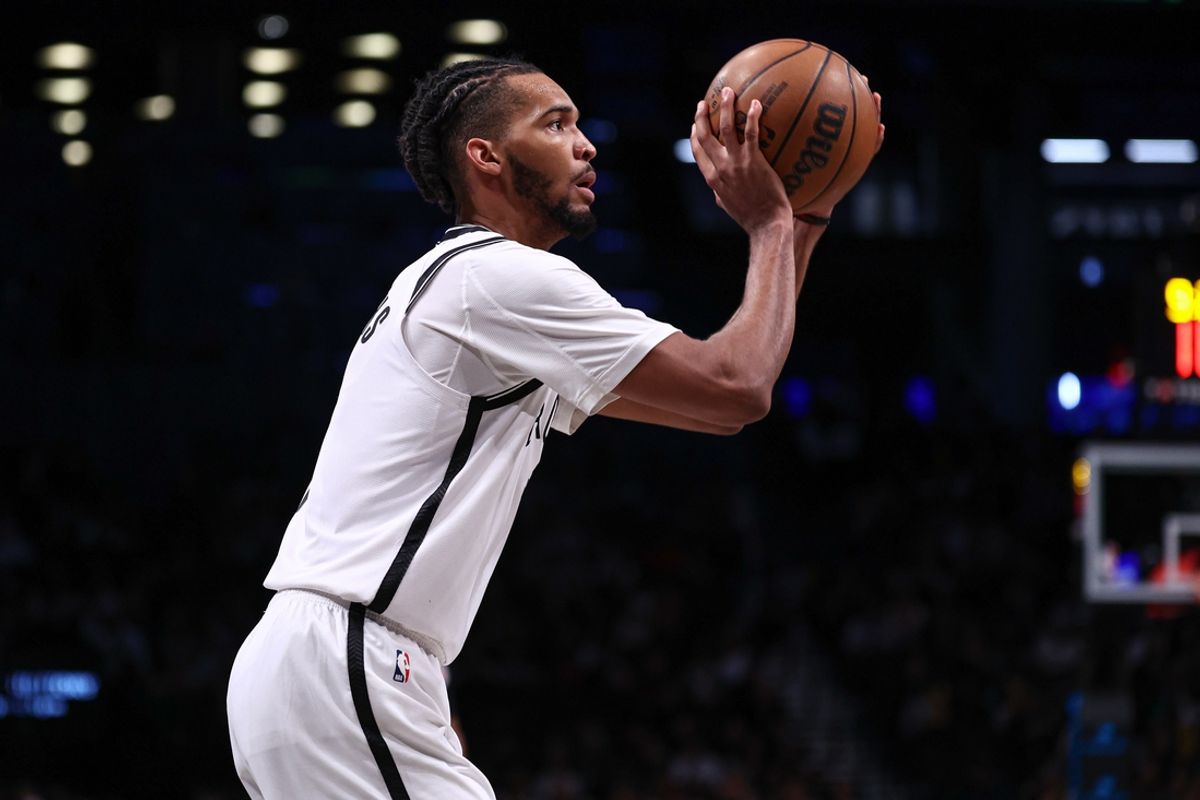 Nov 13, 2024; Brooklyn, New York, USA; Brooklyn Nets forward Ziaire Williams (1) shoots the ball against the Boston Celtics during the second half at Barclays Center. Mandatory Credit: Vincent Carchietta-Imagn Images