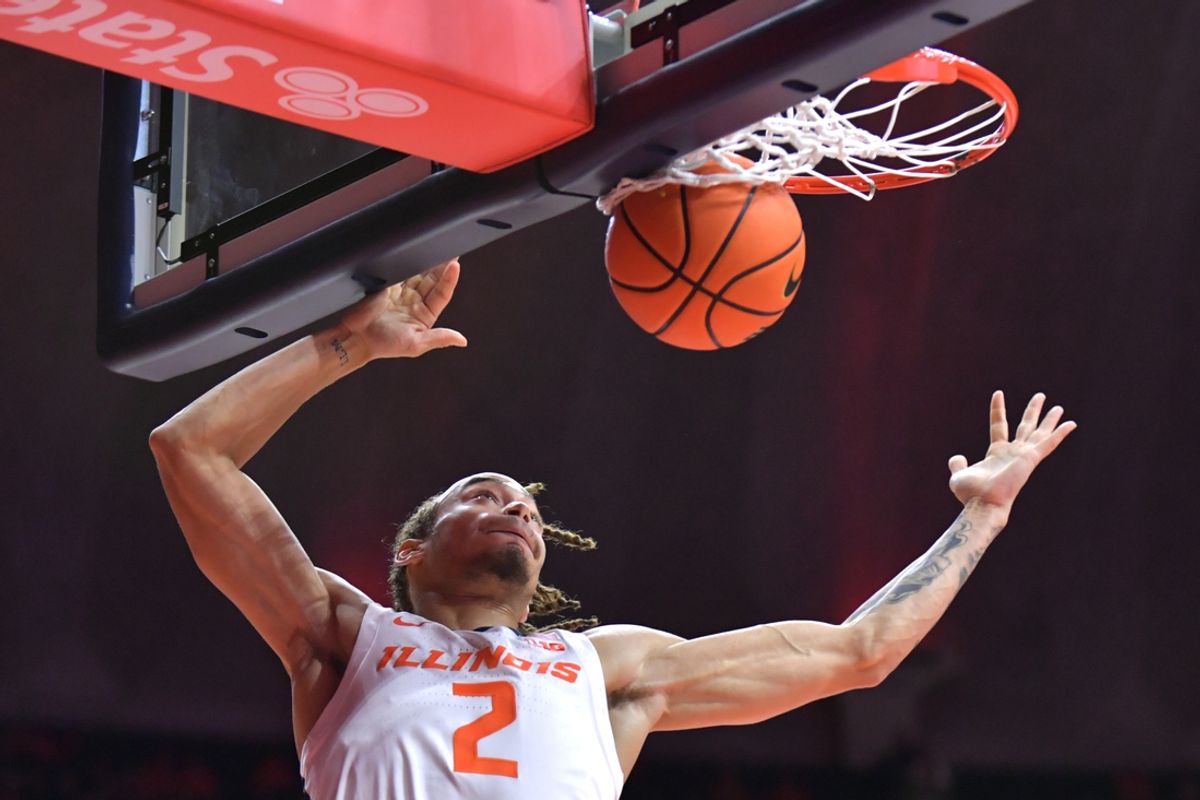 Nov 13, 2024; Champaign, Illinois, USA;  Illinois Fighting Illini guard Dra Gibbs-Lawhorn (2) dunks the ball during the first half against the Oakland Golden Grizzlies at State Farm Center. Mandatory Credit: Ron Johnson-Imagn Images