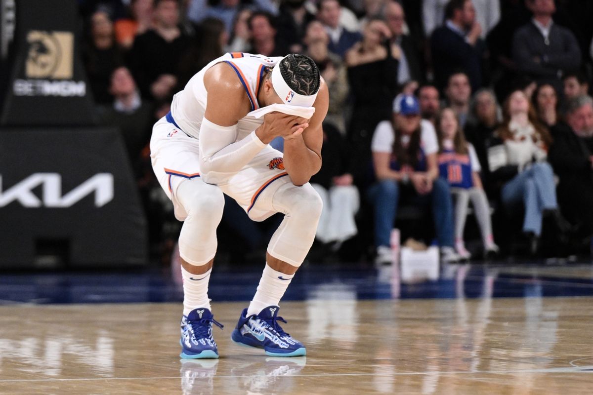Nov 13, 2024; New York, New York, USA; New York Knicks guard Josh Hart (3) reacts after fouling Chicago Bulls guard Coby White (not pictured) during the second half at Madison Square Garden. Mandatory Credit: John Jones-Imagn Images