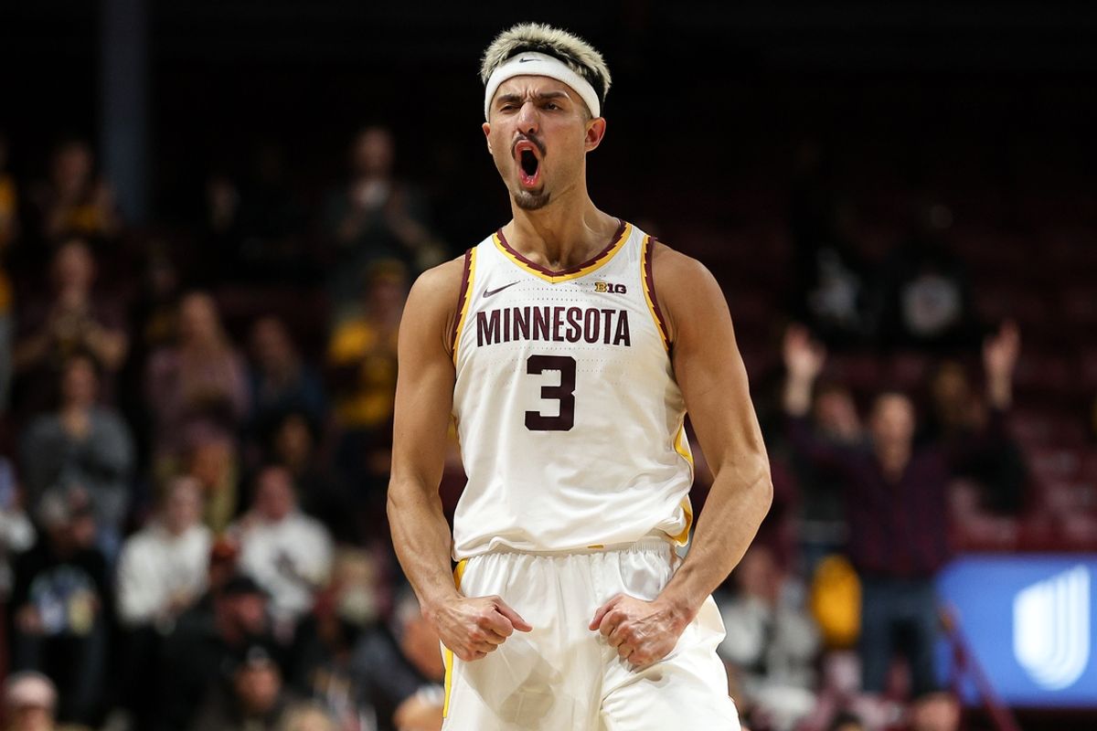 Nov 13, 2024; Minneapolis, Minnesota, USA; Minnesota Golden Gophers forward Dawson Garcia (3) celebrates his three-point basket against the North Texas Mean Green during the second half at Williams Arena. Mandatory Credit: Matt Krohn-Imagn Images