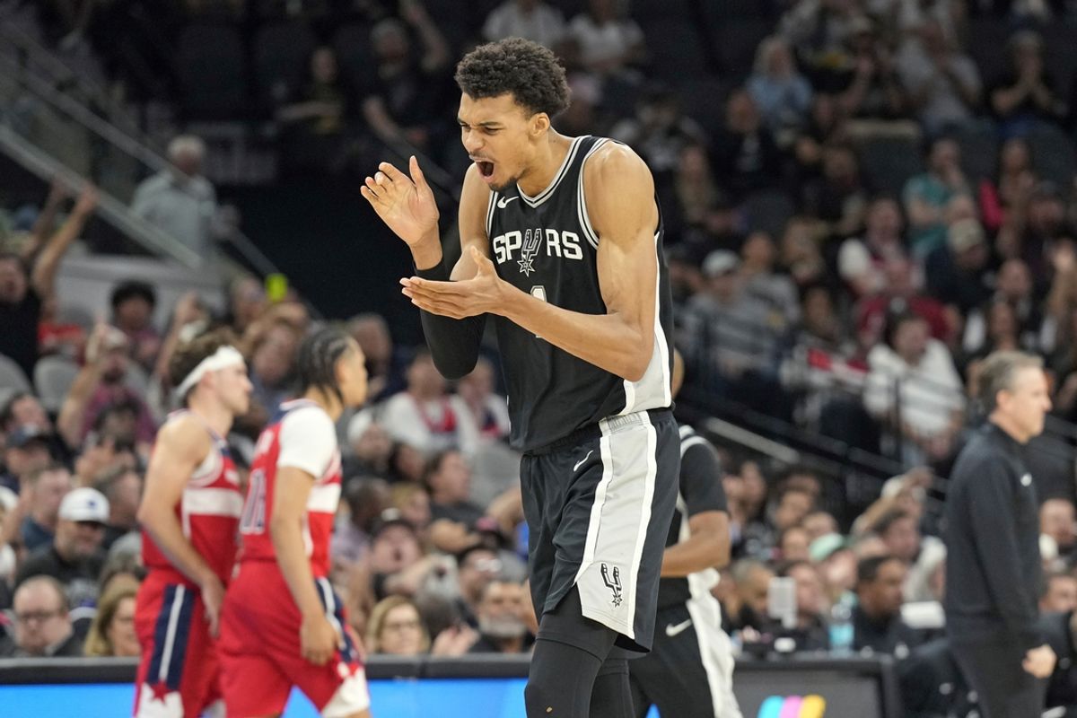 Nov 13, 2024; San Antonio, Texas, USA; San Antonio Spurs center Victor Wembanyama (1) reacts during the second half against the Washington Wizards at Frost Bank Center. Mandatory Credit: Scott Wachter-Imagn Images