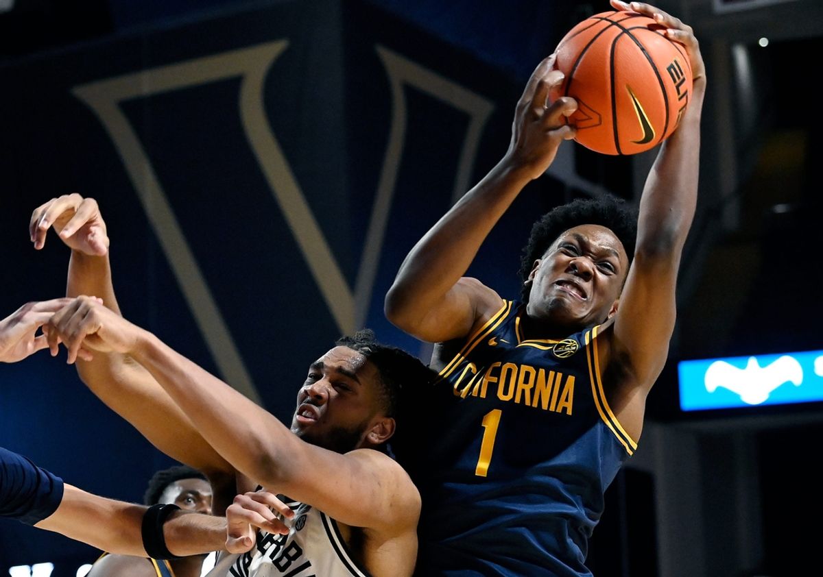 California forward Joshua Ola-Joseph (1) grabs a rebound over Vanderbilt forward Devin McGlockton, left, during an NCAA college basketball game Wednesday, Nov. 13, 2024, in Nashville, Tenn.