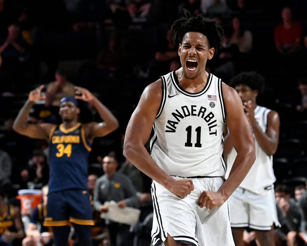 Vanderbilt guard A.J. Hoggard (11) celebrates after a basket against California during an NCAA college basketball game Wednesday, Nov. 13, 2024, in Nashville, Tenn.