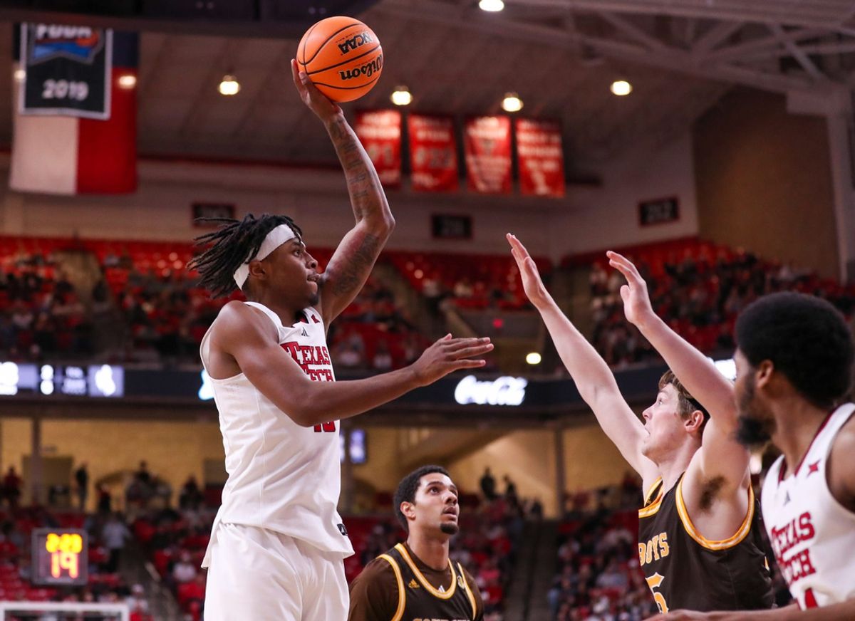 Texas Tech's JT Toppin shoots against Wyoming during a non-conference basketball game, Wednesday, Nov. 13, 2024, in United Supermarkets Arena.