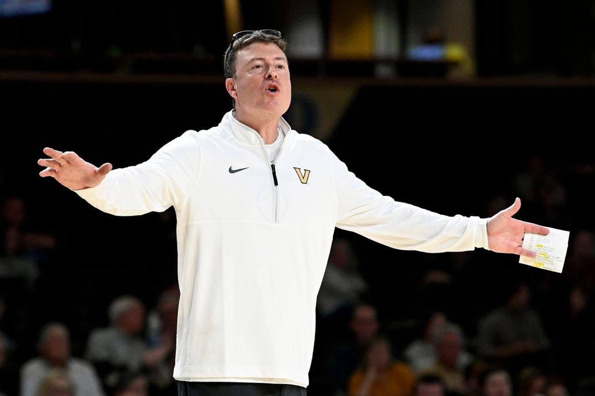 Vanderbilt basketball head coach Mark Byington shouts to his players during an NCAA college basketball game against California Wednesday, Nov. 13, 2024, in Nashville, Tenn.
