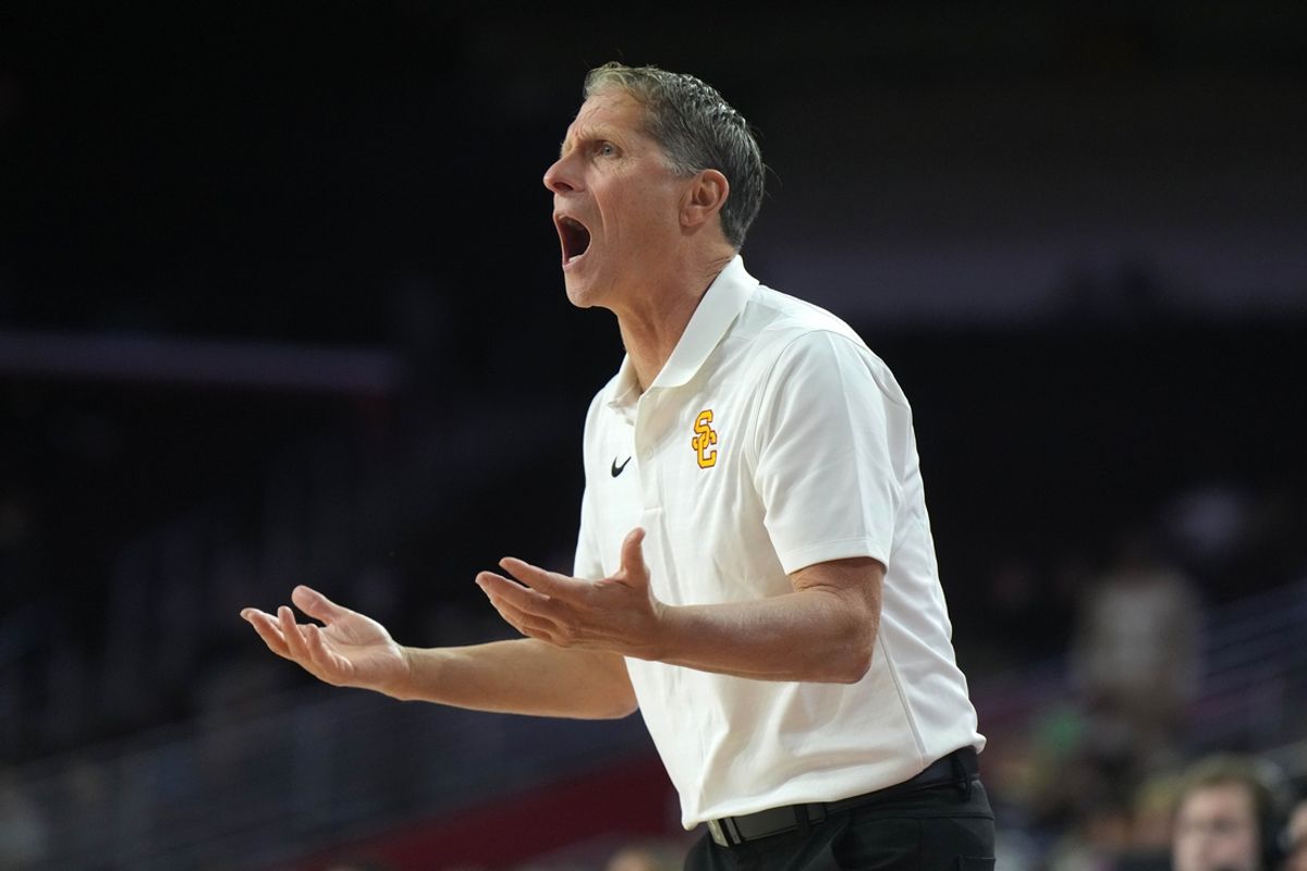 Nov 13, 2024; Los Angeles, California, USA; Southern California Trojans head coach Eric Musselman reacts against the Texas-Arlington Mavericks at Galen Center. Mandatory Credit: Kirby Lee-Imagn Images