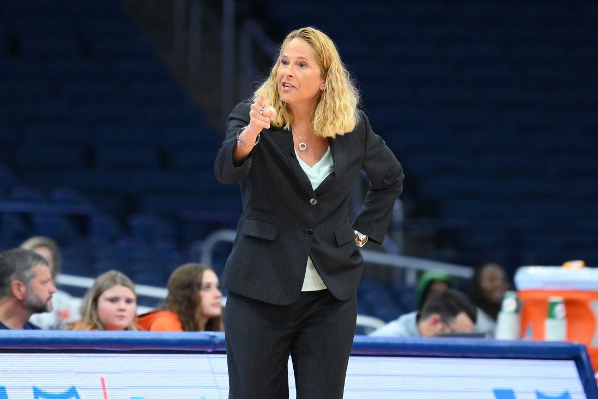 Nov 13, 2024; Syracuse, New York, USA; Maryland Terrapins head coach Brenda Frese reacts to a call against the Syracuse Orange during the first half at the JMA Wireless Dome. Mandatory Credit: Rich Barnes-Imagn Images