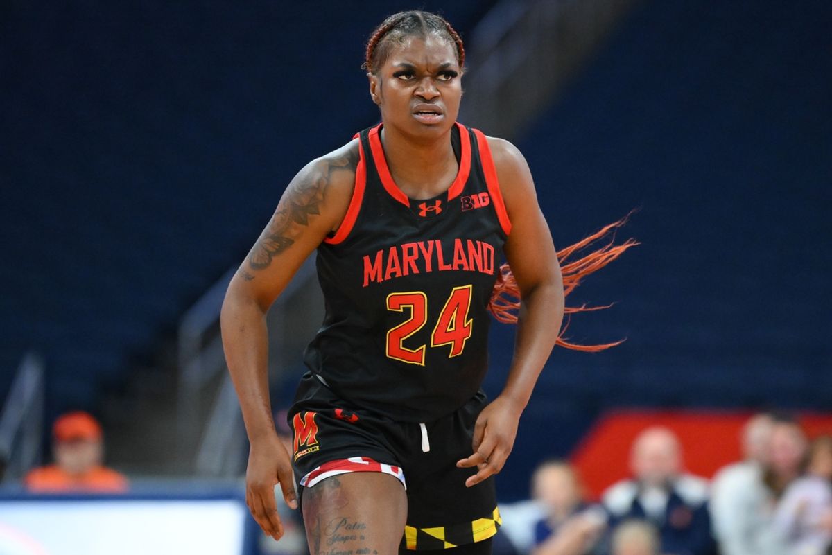 Nov 13, 2024; Syracuse, New York, USA; Maryland Terrapins guard Bri McDaniel (24) reacts to a play against the Syracuse Orange during the first half at the JMA Wireless Dome. Mandatory Credit: Rich Barnes-Imagn Images