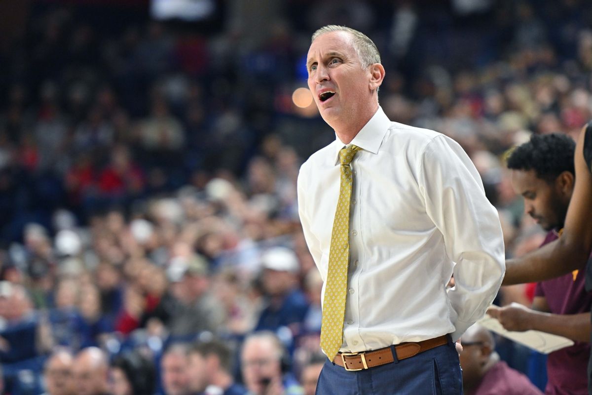 Nov 10, 2024; Spokane, Washington, USA; Arizona State Sun Devils head coach Bobby Hurley reacts after a play against the Gonzaga Bulldogs in the first half at McCarthey Athletic Center. Mandatory Credit: James Snook-Imagn Images