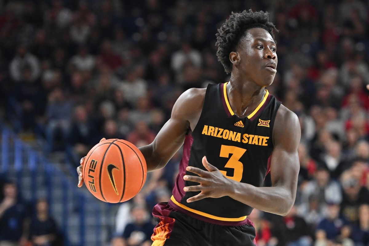 Nov 10, 2024; Spokane, Washington, USA; Arizona State Sun Devils guard Joson Sanon (3) controls the ball against the Gonzaga Bulldogs in the first half at McCarthey Athletic Center. Mandatory Credit: James Snook-Imagn Images