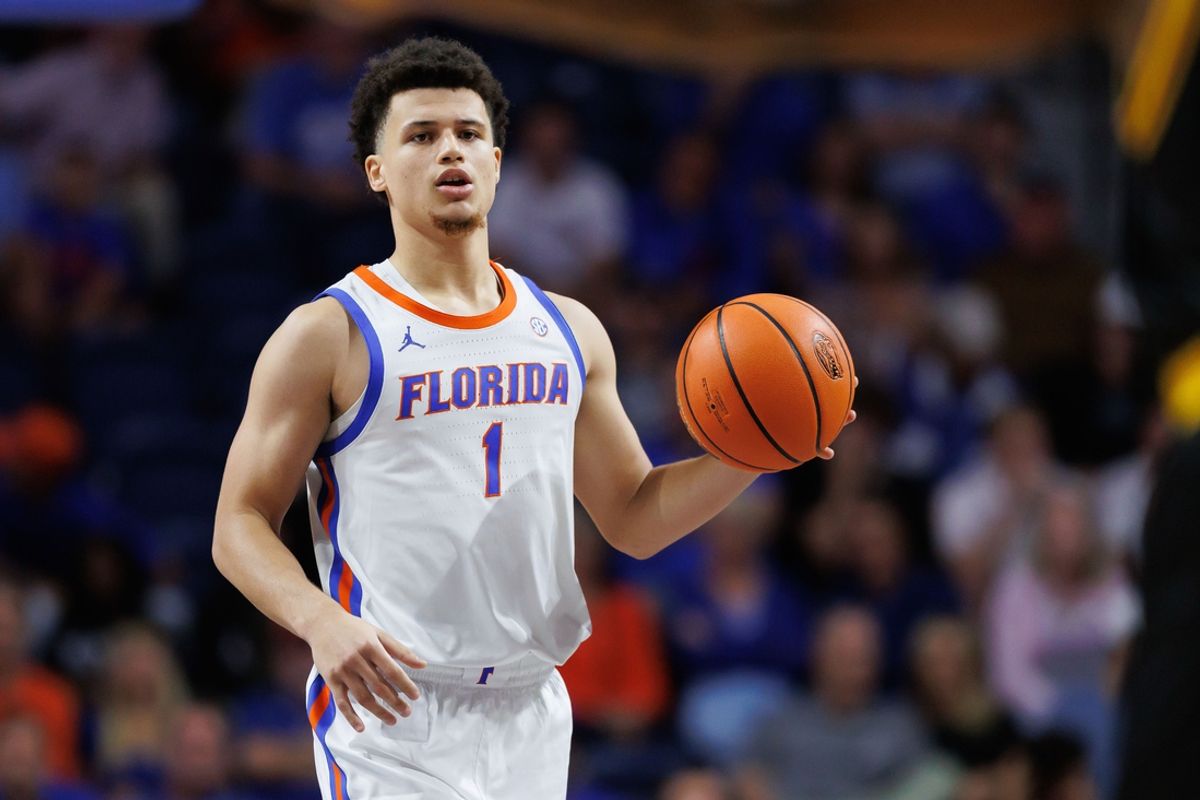Nov 11, 2024; Gainesville, Florida, USA; Florida Gators guard Walter Clayton Jr. (1) dribbles the ball against the Grambling State Tigers during the second half at Exactech Arena at the Stephen C. O'Connell Center. Mandatory Credit: Matt Pendleton-Imagn Images