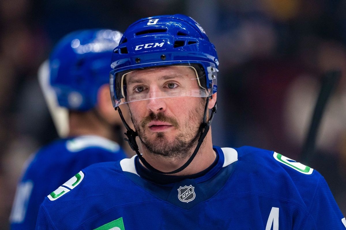 Nov 12, 2024; Vancouver, British Columbia, CAN; Vancouver Canucks forward J.T. Miller (9) during a stop in play against the Calgary Flames in the second period at Rogers Arena. Mandatory Credit: Bob Frid-Imagn Images