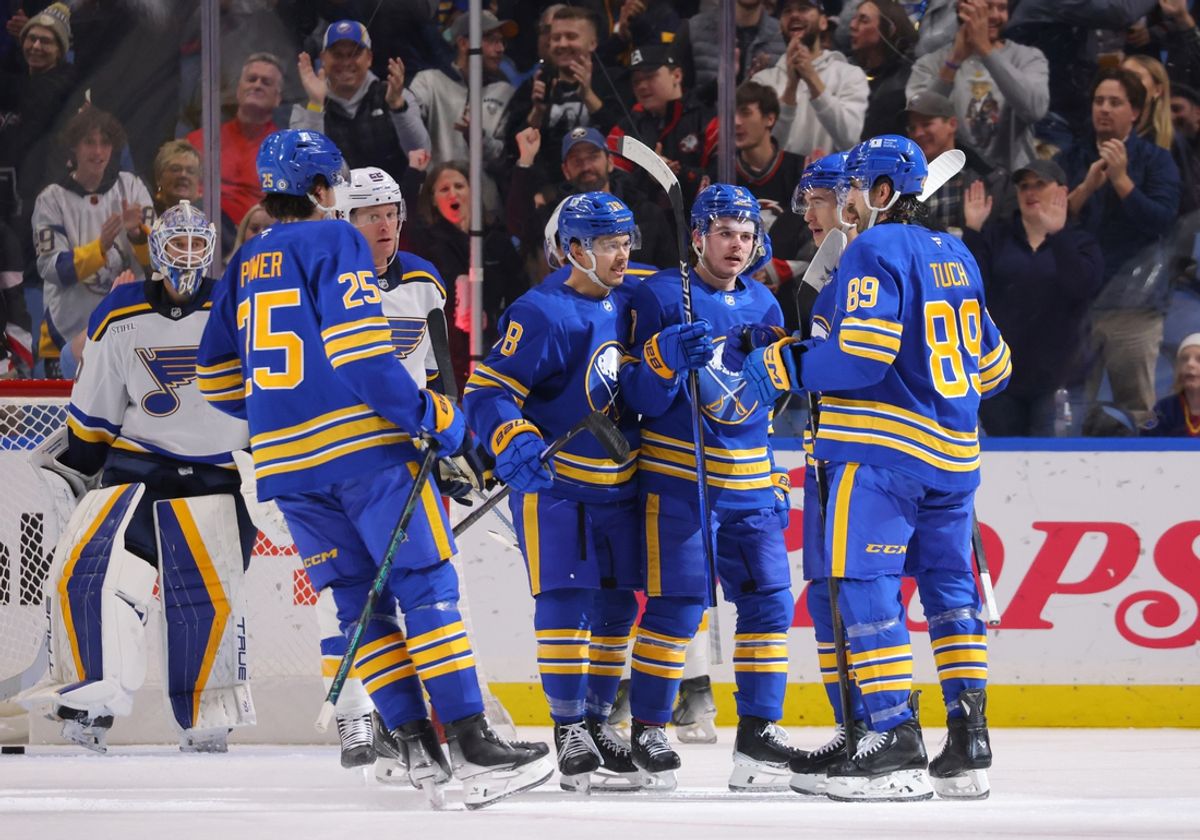 Nov 14, 2024; Buffalo, New York, USA;  Buffalo Sabres center Ryan McLeod (71) celebrates his goal with teammates during the first period against the St. Louis Blues at KeyBank Center. Mandatory Credit: Timothy T. Ludwig-Imagn Images