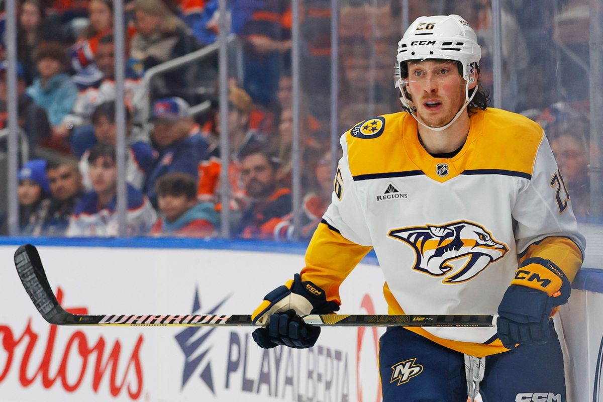 Nov 14, 2024; Edmonton, Alberta, CAN;  Nashville Predators forward Philip Tomasino (26) follows the play against the Edmonton Oilers at Rogers Place. Mandatory Credit: Perry Nelson-Imagn Images