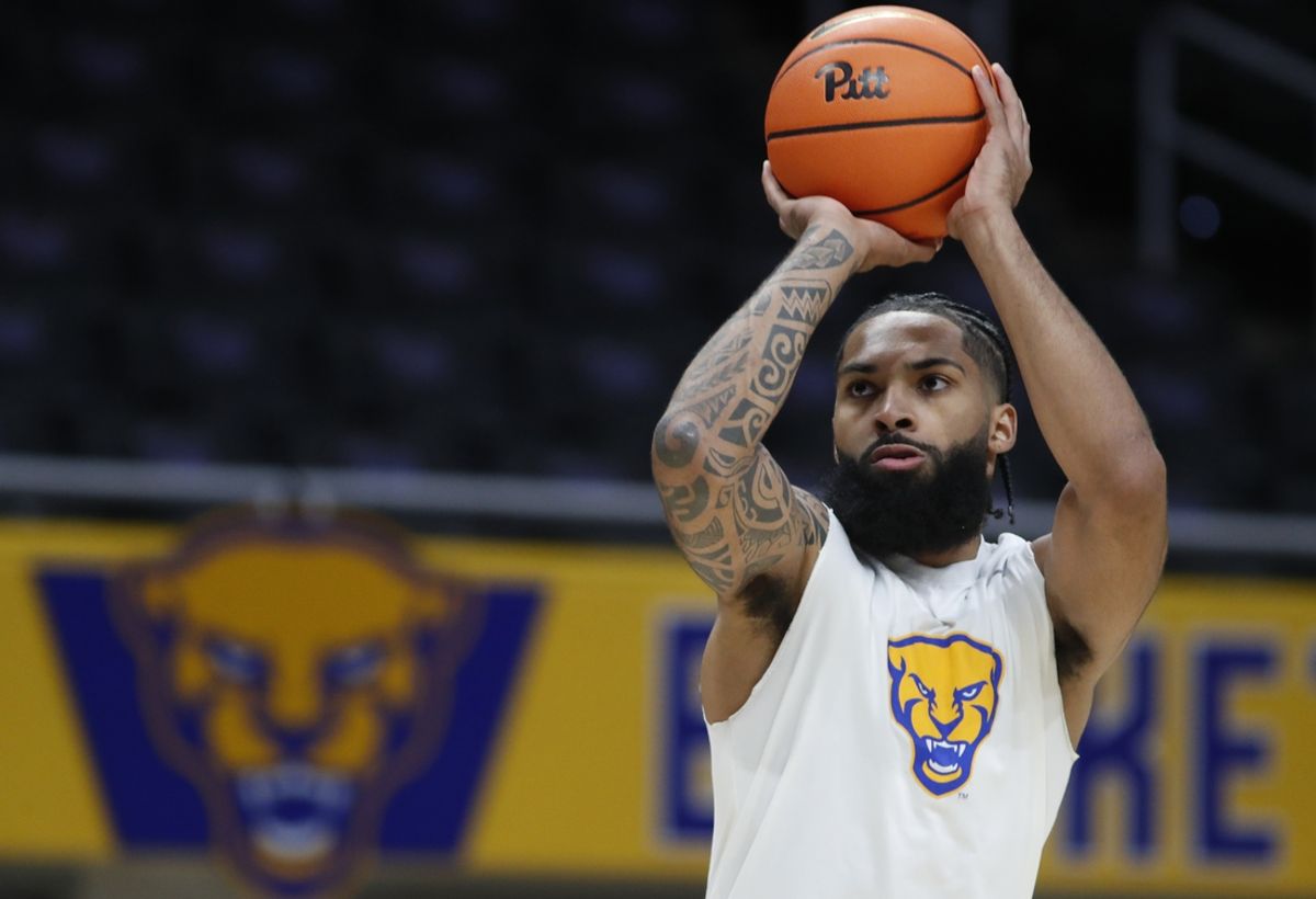 Nov 15, 2024; Pittsburgh, Pennsylvania, USA;  Pittsburgh Panthers guard Damian Dunn (1) warms up before a game against the West Virginia Mountaineers at the Petersen Events Center. Mandatory Credit: Charles LeClaire-Imagn Images
