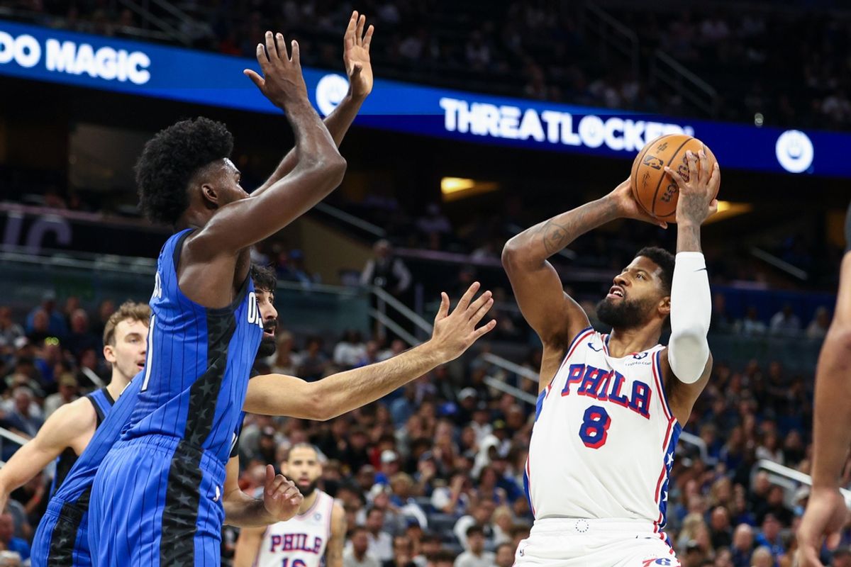 Nov 15, 2024; Orlando, Florida, USA; Philadelphia 76ers forward Paul George (8) shoots the ball against the Orlando Magic in the second quarter at Kia Center. Mandatory Credit: Nathan Ray Seebeck-Imagn Images