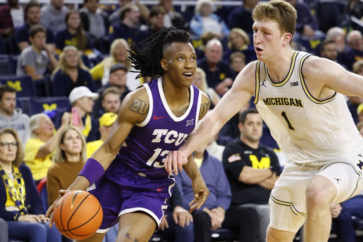 Nov 15, 2024; Ann Arbor, Michigan, USA;  TCU Horned Frogs forward Trazarien White (13) dribbles against  Michigan Wolverines center Danny Wolf (1) in the second half at Crisler Center. Mandatory Credit: Rick Osentoski-Imagn Images