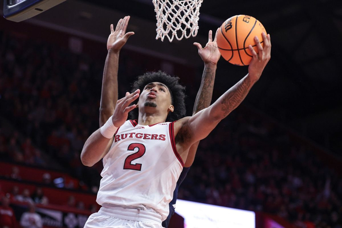 Nov 15, 2024; Piscataway, New Jersey, USA; Rutgers Scarlet Knights guard Dylan Harper (2) goes to the basket during the second half against the Monmouth Hawks at Jersey Mike's Arena. Mandatory Credit: Vincent Carchietta-Imagn Images