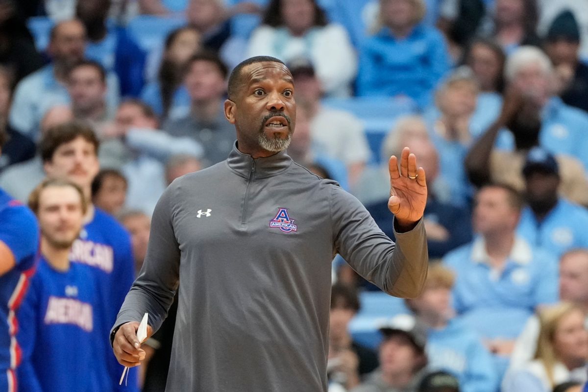 Nov 15, 2024; Chapel Hill, North Carolina, USA; American University Eagles head coach Duane Simpkins reacts in the first half at Dean E. Smith Center. Mandatory Credit: Bob Donnan-Imagn Images