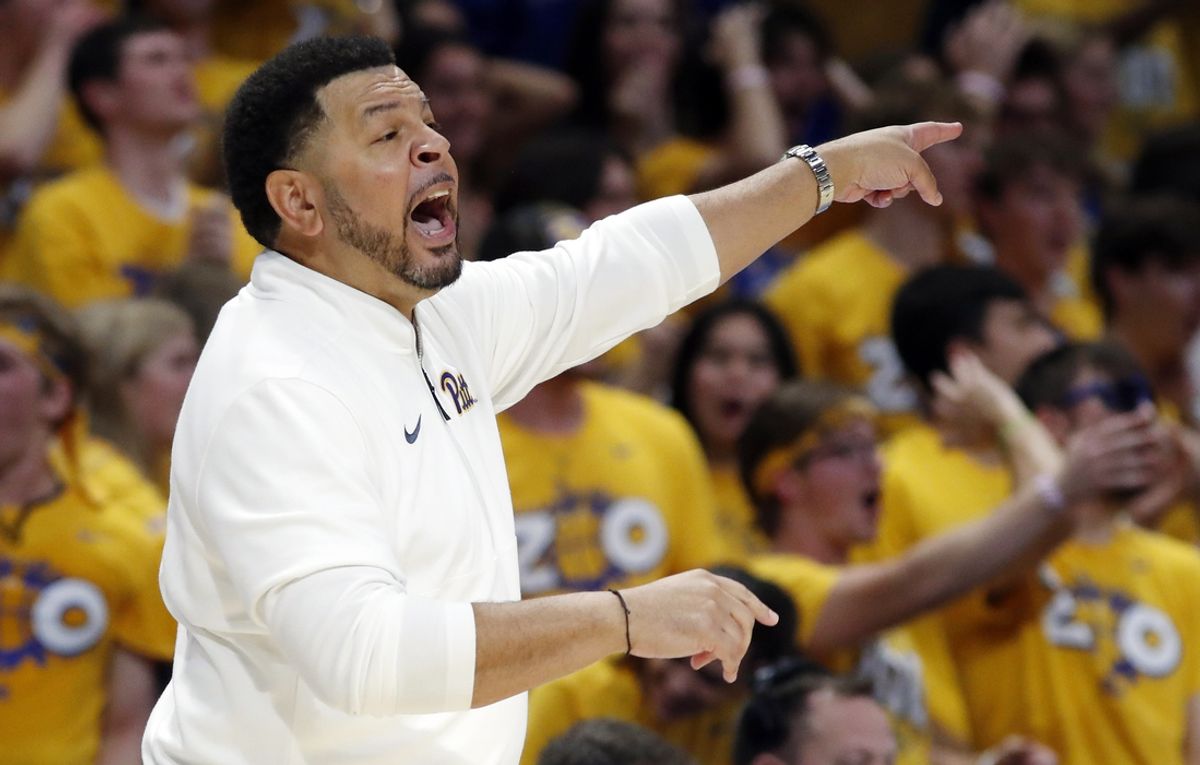 Nov 15, 2024; Pittsburgh, Pennsylvania, USA;  Pittsburgh Panthers head coach Jeff Capel reacts against the West Virginia Mountaineers during the first half at the Petersen Events Center. Mandatory Credit: Charles LeClaire-Imagn Images