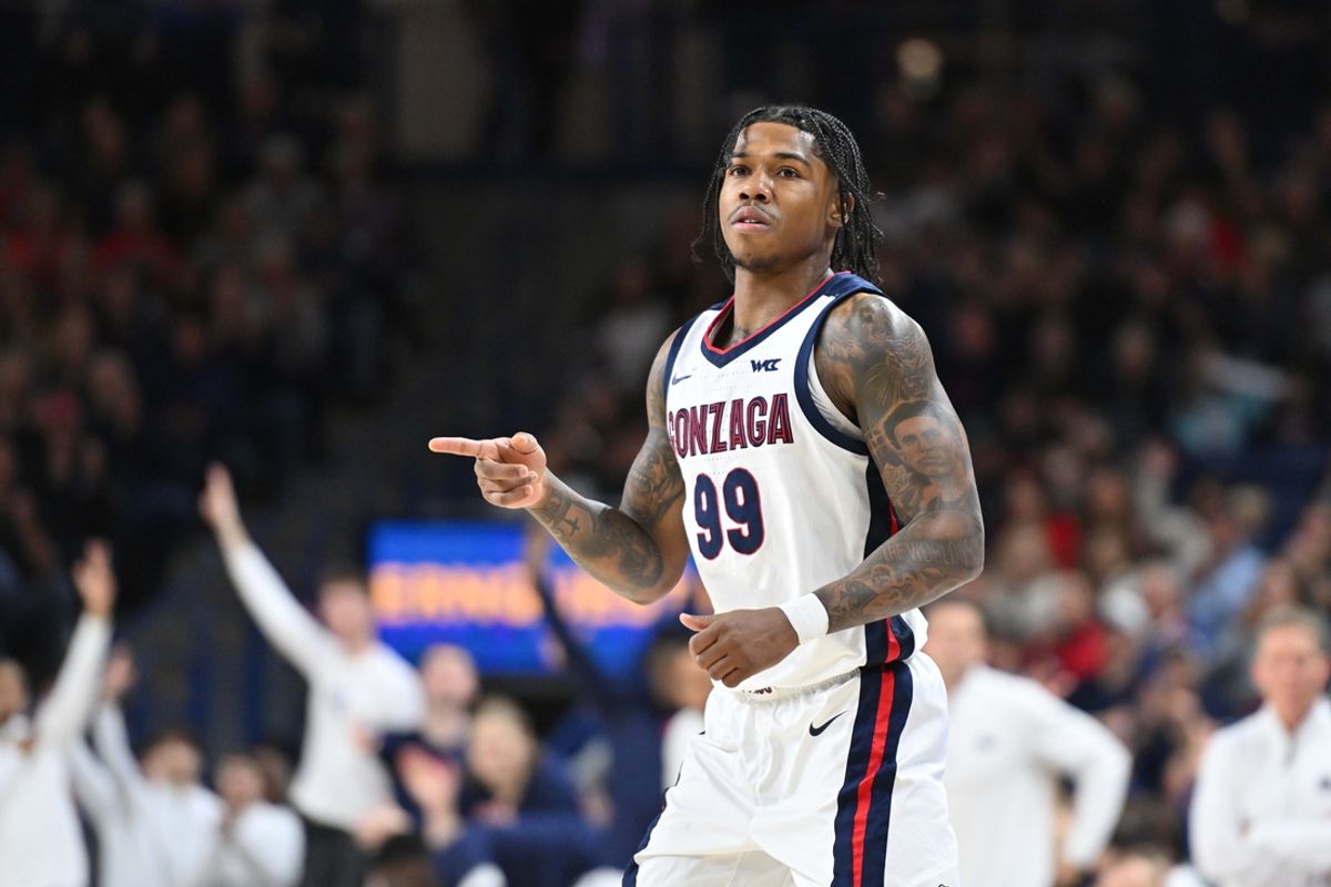 Nov 15, 2024; Spokane, Washington, USA; Gonzaga Bulldogs guard Khalif Battle (99) celebrates after a play against the UMass Lowell River Hawks in the first half at McCarthey Athletic Center. Mandatory Credit: James Snook-Imagn Images