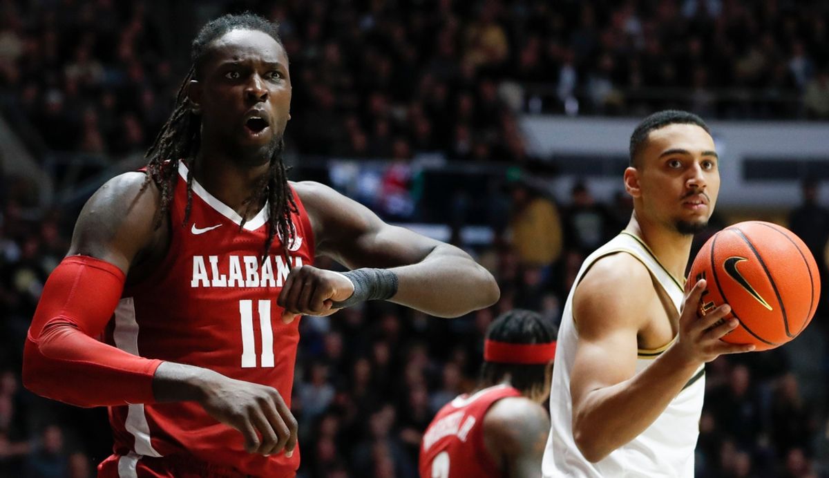Alabama Crimson Tide center Clifford Omoruyi (11) reacts after being called for a foul on Purdue Boilermakers forward Trey Kaufman-Renn (4) Friday, Nov. 15, 2024, during the NCAA men’s basketball game at Mackey Arena in West Lafayette, Ind. Purdue Boilermakers won 87-78.