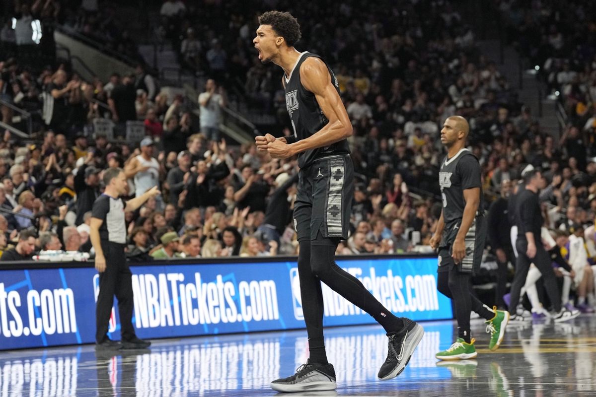 Nov 15, 2024; San Antonio, Texas, USA; San Antonio Spurs center Victor Wembanyama (1) reacts during the second half against the Los Angeles Lakers at Frost Bank Center. Mandatory Credit: Scott Wachter-Imagn Images