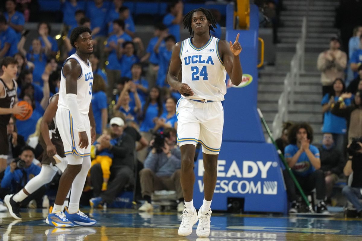 Nov 15, 2024; Los Angeles, California, USA; UCLA Bruins forward William Kyle III (24) reacts in the first half against the Lehigh Mountain Hawks at Pauley Pavilion presented by Wescom. Mandatory Credit: Kirby Lee-Imagn Images
