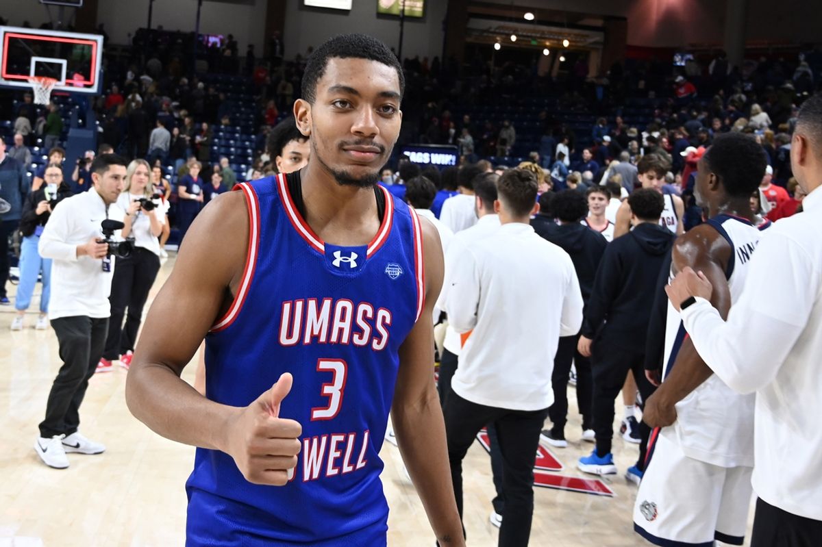 Nov 15, 2024; Spokane, Washington, USA; UMass Lowell River Hawks guard Quinton Mincey (3) gives a thumbs up after a game against the Gonzaga Bulldogs at McCarthey Athletic Center. Mandatory Credit: James Snook-Imagn Images