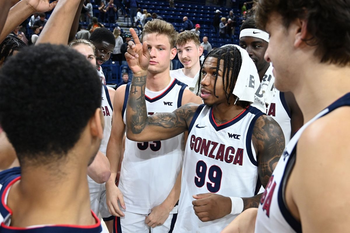 Nov 15, 2024; Spokane, Washington, USA; Gonzaga Bulldogs guard Khalif Battle (99) huddles with the team after a game against the UMass Lowell River Hawks at McCarthey Athletic Center. Mandatory Credit: James Snook-Imagn Images