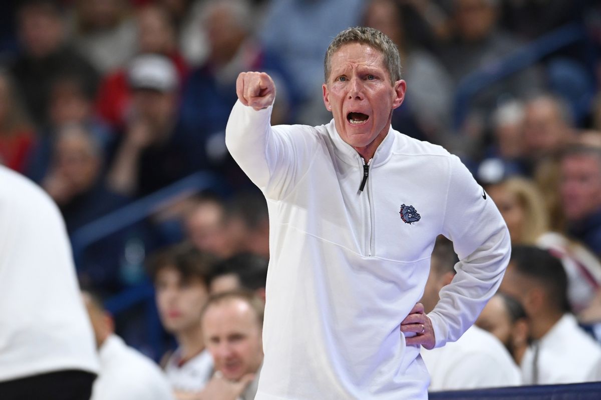 Nov 15, 2024; Spokane, Washington, USA; Gonzaga Bulldogs head coach Mark Few directs his team against the UMass Lowell River Hawks in the first half at McCarthey Athletic Center. Mandatory Credit: James Snook-Imagn Images