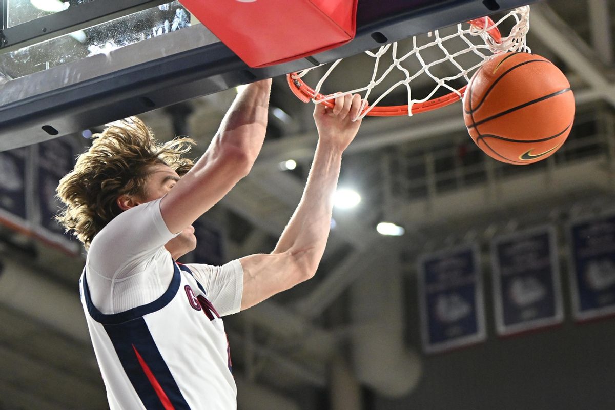 Nov 15, 2024; Spokane, Washington, USA; Gonzaga Bulldogs guard Dusty Stromer (4) dunks the ball against the UMass Lowell River Hawks in the second half at McCarthey Athletic Center. Gonzaga Bulldogs won 113-54. Mandatory Credit: James Snook-Imagn Images