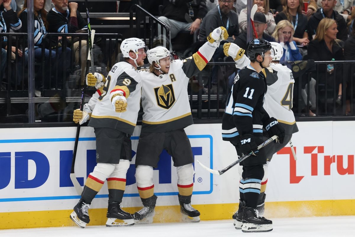 Nov 15, 2024; Salt Lake City, Utah, USA; Vegas Golden Knights center William Karlsson (71) celebrates scoring a goal against the Utah Hockey Club during the third period at Delta Center. Mandatory Credit: Rob Gray-Imagn Images