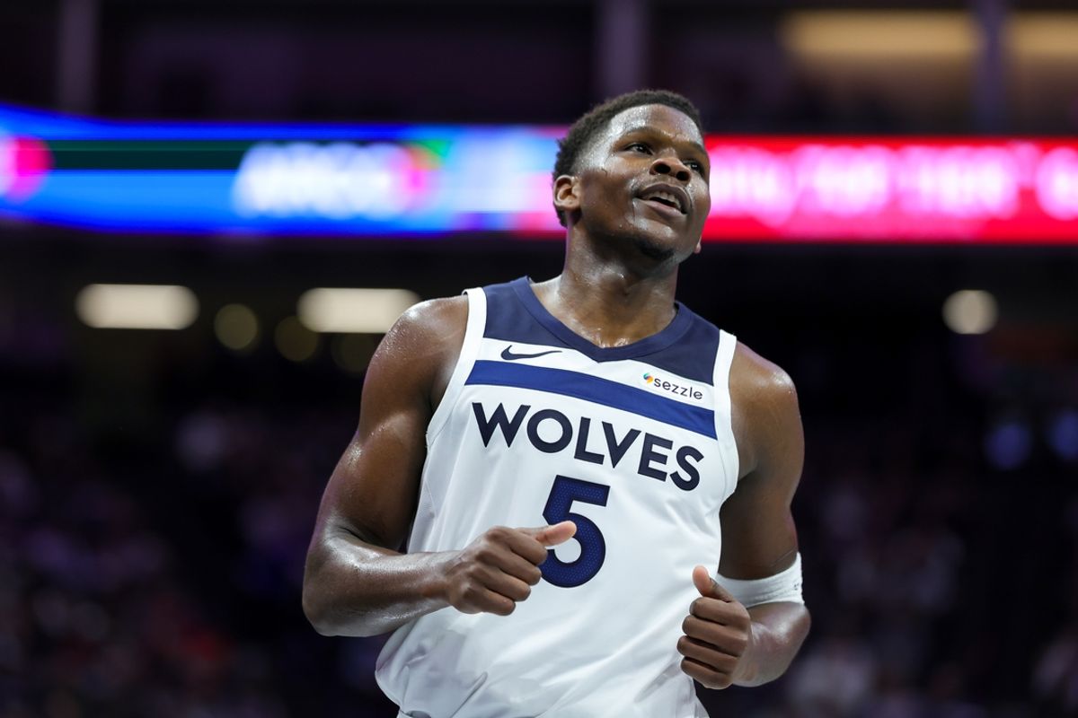 Nov 15, 2024; Sacramento, California, USA; Minnesota Timberwolves guard Anthony Edwards (5) walks up the court during the fourth quarter against the Sacramento Kings at Golden 1 Center. Mandatory Credit: Sergio Estrada-Imagn Images