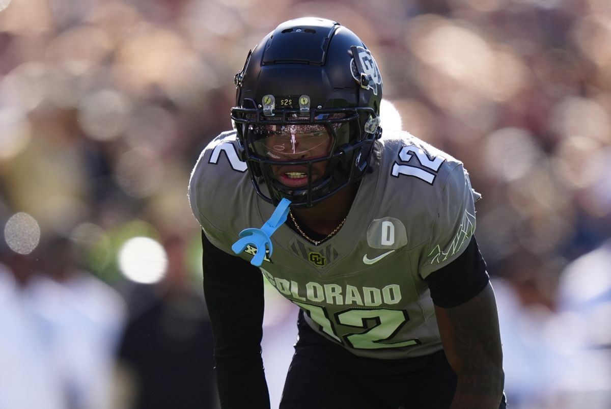 Nov 16, 2024; Boulder, Colorado, USA; Colorado Buffaloes defensive back Travis Hunter (12) looks on during the first quarter against the Utah Utes at Folsom Field. Mandatory Credit: Ron Chenoy-Imagn Images