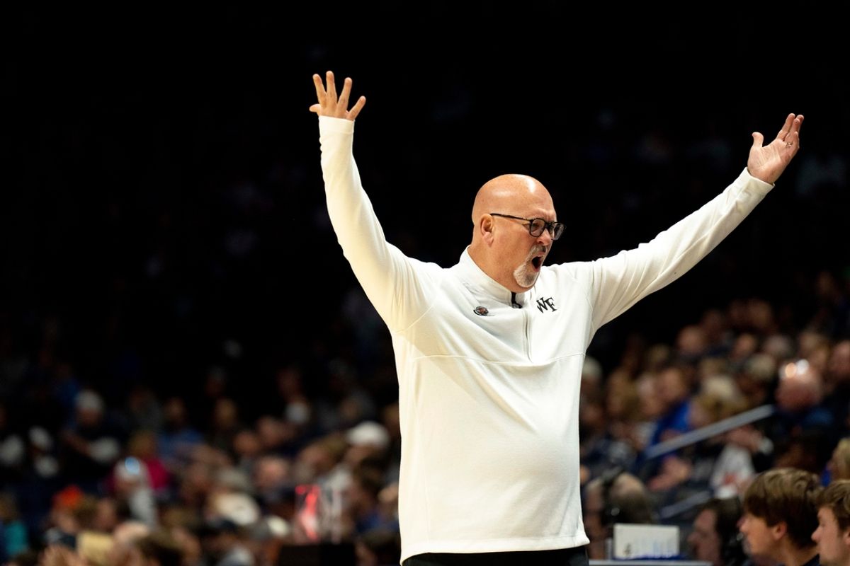 Wake Forest Demon Deacons head coach Steve Forbes reacts to a call in the first half of the NCAA basketball game between Xavier Musketeers and Wake Forest Demon Deacons at the Cintas Center in Cincinnati on Saturday, Nov. 16, 2024.