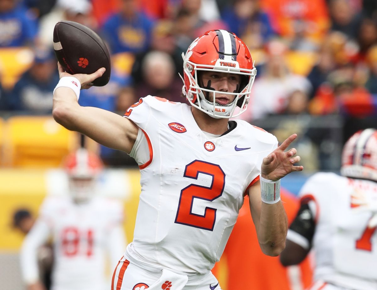 Nov 16, 2024; Pittsburgh, Pennsylvania, USA; Clemson Tigers quarterback Cade Klubnik (2) passes against the Pittsburgh Panthers during the first quarter at Acrisure Stadium. Mandatory Credit: Charles LeClaire-Imagn Images