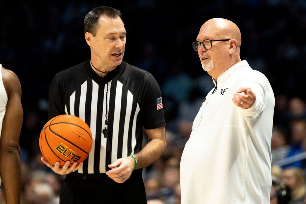 Wake Forest Demon Deacons head coach Steve Forbes speaks to the referee after a called foul in the first half of the NCAA basketball game between Xavier Musketeers and Wake Forest Demon Deacons at the Cintas Center in Cincinnati on Saturday, Nov. 16, 2024.