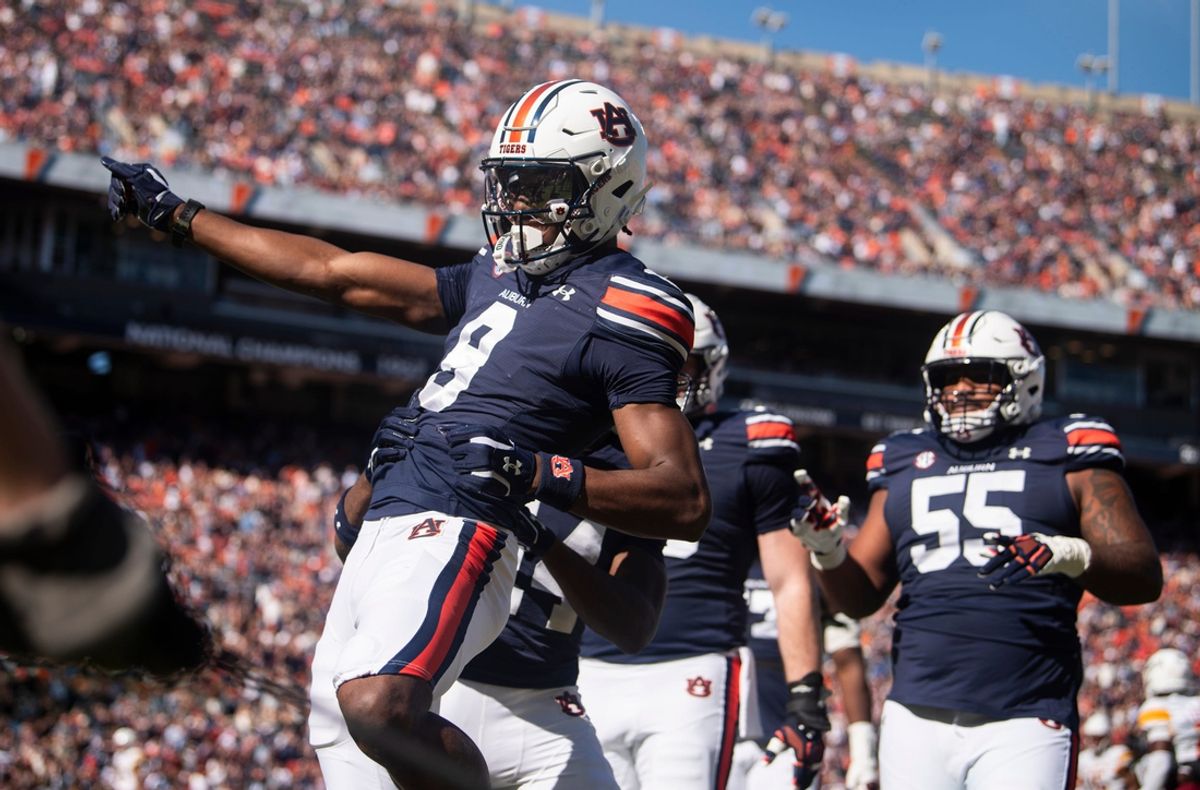 Auburn Tigers wide receiver Cam Coleman (8) celebrates his touchdown catch as Auburn Tigers take on Louisiana-Monroe Warhawks at Jordan-Hare Stadium in Auburn, Ala., on Saturday, Nov. 16, 2024.